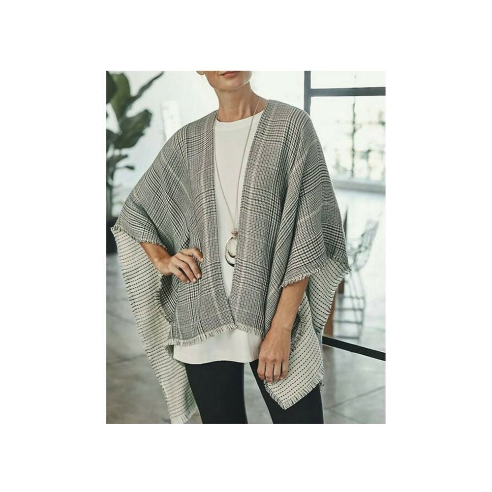 J. Jill Reversible Glen Plaid Ruana Fringed Sweater Poncho One Size - Picture 2 of 8